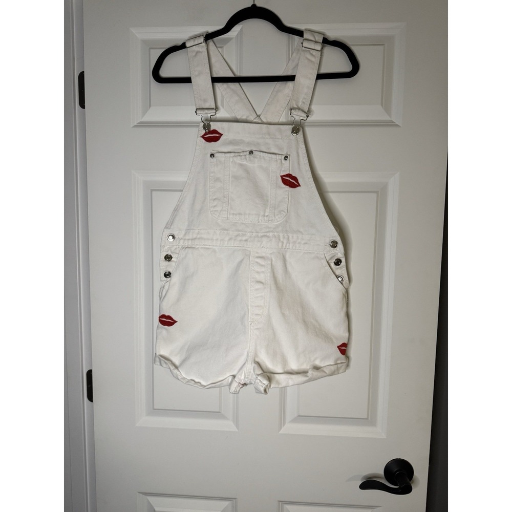 Forever 21 Denim Short Overalls / Shortalls White W Embroider Kisses 29